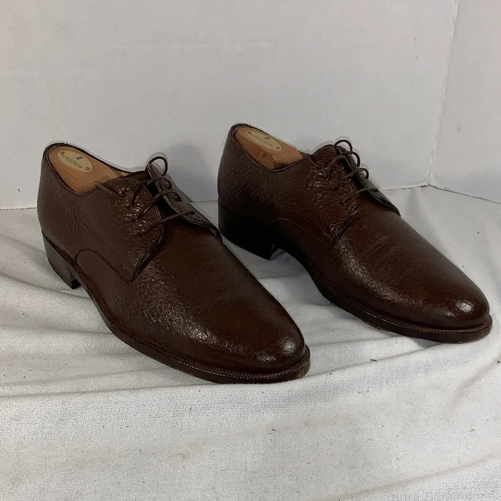 Moreschi Men's Italian Brown Pebbled Leather Derby Lace-Up Oxford Style Shoes 9